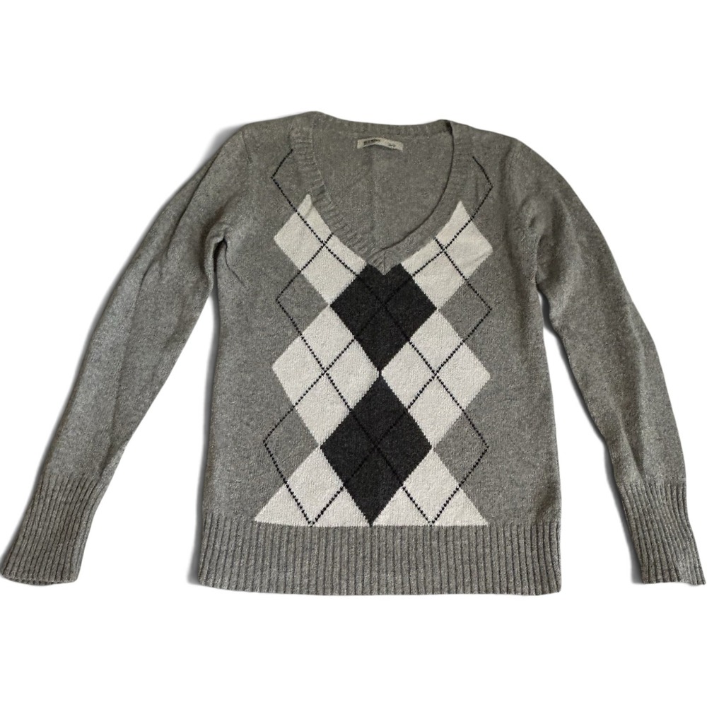Old Navy Y2k Argyle Sweater S Xtra Long Sleeves Deep V Preppy Grunge Bella Swan